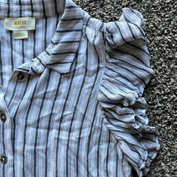 Maeve Striped Button Up Small Top, Ruffled Short Sleeves, Horizontal Stripes - Picture 4 of 8